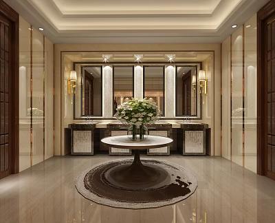 Elegant Modern Public Toilet With Marble Countertops Large Mirrors Chandeliers Round Rug Fresh Flower Vase 3d model
