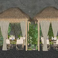 Outdoor Dining Space With Two Thatched Pavilions String Lights And Green Plants 3d model