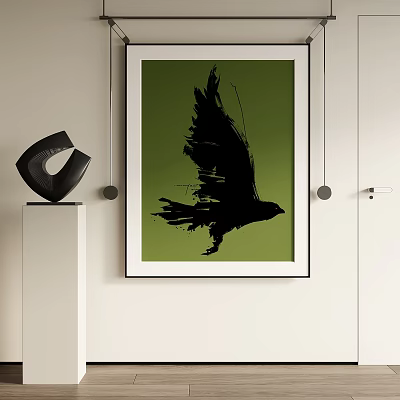 Abstract Painting Of Black Bird With Green Background And White Frame In Modern Room Interior 3d model