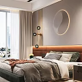Modern Bedroom Interior With Large Windows Circular Wall Decor And Pendant Lights 3d model