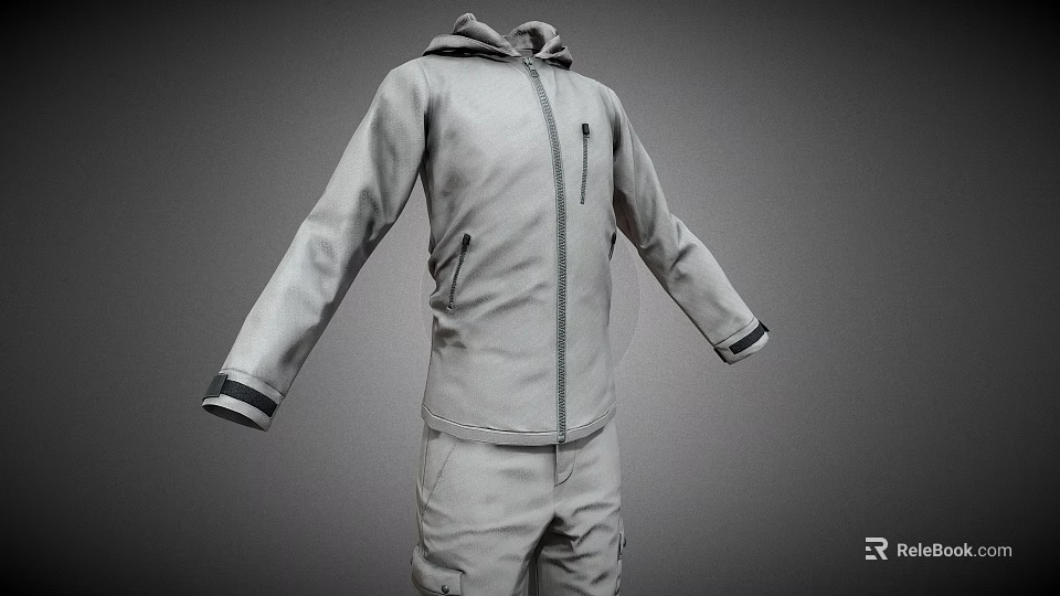 Gray Hooded Jacket and Pants Set with Zipper Front Cuffed Sleeves and Casual Outdoor Style 3d model 