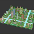 Cartoon City Scene Green Model With Skyscrapers Buildings Streets And Trees