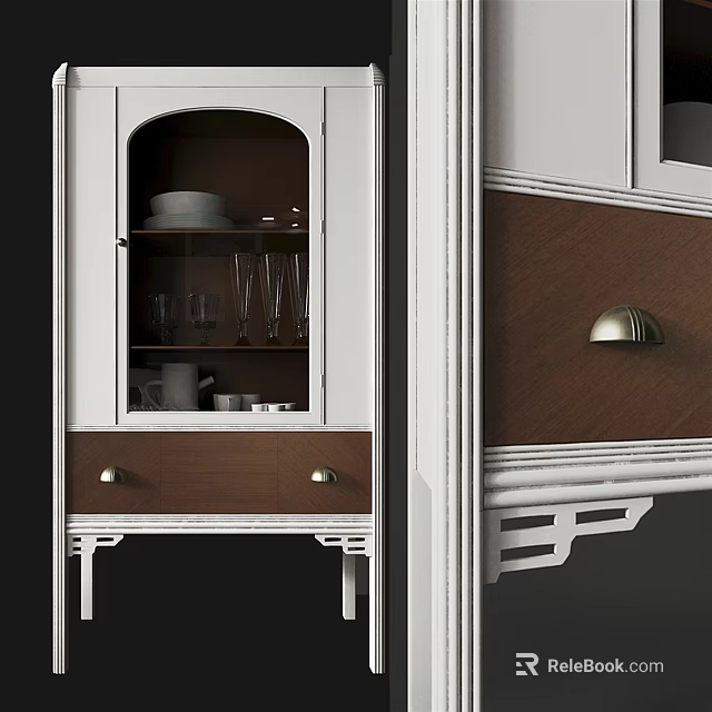 Traditional Style Kitchen Cabinets With White Frame Brown Panels And Brass Handles 3d model 