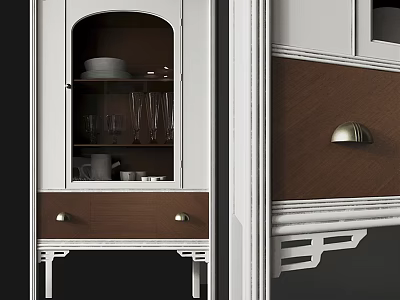 Traditional Style Kitchen Cabinets With White Frame Brown Panels And Brass Handles 3d model