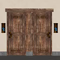 Vintage Double Wooden Doors With Carvings Wall Lamps And Gray Baseboards On Beige Walls