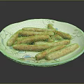 Delicious Golden Brown Sausages Served on White Plate with Blue Patterns