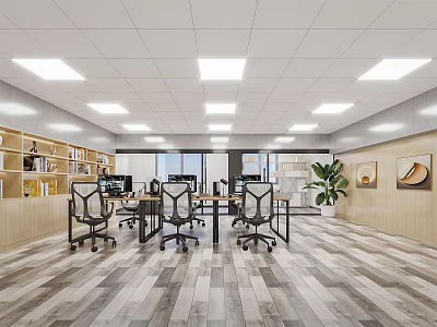 Modern Public Office Space Interior With Office Desks Ergonomic Chairs Bookshelves And Potted Plants 3d model