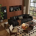 Modern Black Leather Sofa Coffee Table Set With Geometric Pillow Throw Blanket And Green Plant