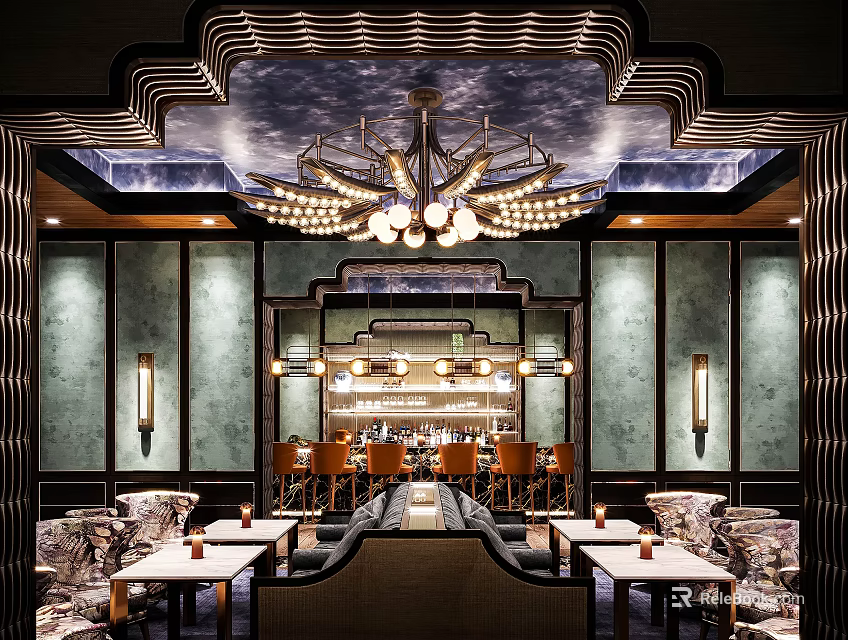 Elegant Chinese Restaurant Interior With Ornate Chandelier And Decorative Ceiling Design 3d model 