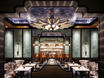 Elegant Chinese Restaurant Interior With Ornate Chandelier And Decorative Ceiling Design 3d model