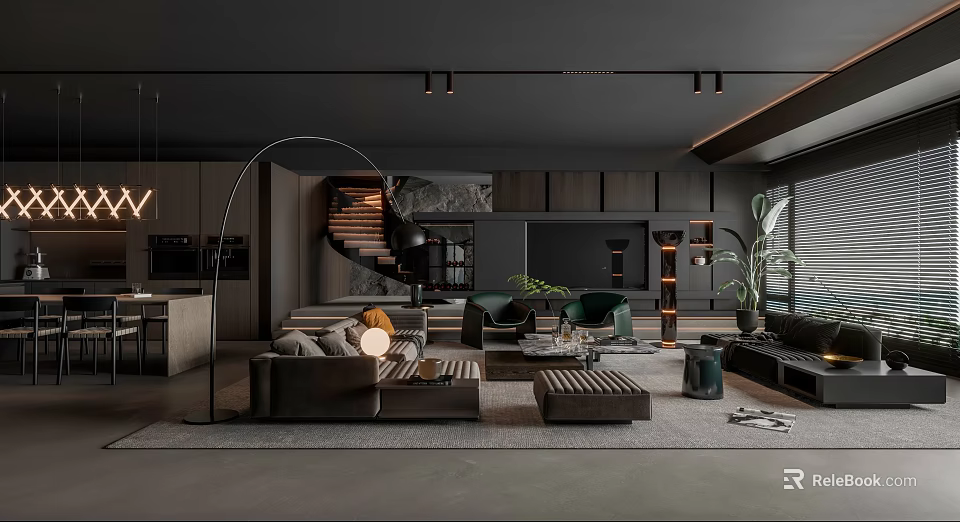 Modern Open Living Dining Room Interior With Spiral Staircase Sofa Coffee Table And Green Plants 3d model 