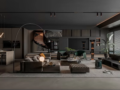 Modern Open Living Dining Room Interior With Spiral Staircase Sofa Coffee Table And Green Plants 3d model