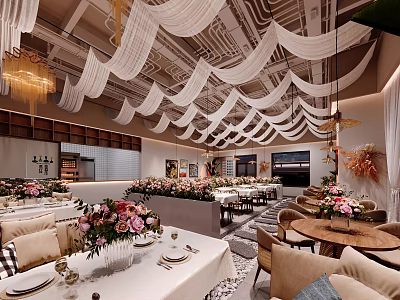 Elegant Modern Restaurant With White Wavy Ceiling Decorations Chandeliers And Flower Centerpieces On Dining Tables 3d model