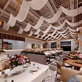 Elegant Modern Restaurant With White Wavy Ceiling Decorations Chandeliers And Flower Centerpieces On Dining Tables