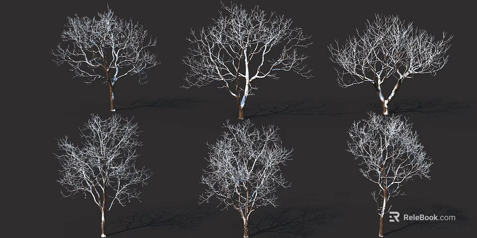 Snow Covered Winter Arbor Trees With Bare Branches And Brown Trunks 3d model