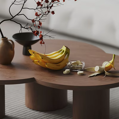 Fresh Bananas with Peels and Slices on Wooden Table with Ceramic Vase and Black Bowl 3d model