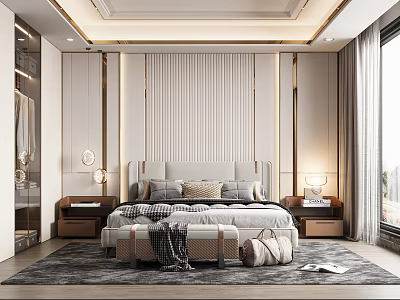 Modern Luxury Bedroom Interior Design With Upholstered Headboard Backlit Accent Wall And Area Rug 3d model