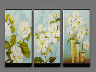 Botanical Triptych Paintings With White Flowers Green Leaves And Vases On Light Blue Background 3d model