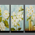 Botanical Triptych Paintings With White Flowers Green Leaves And Vases On Light Blue Background