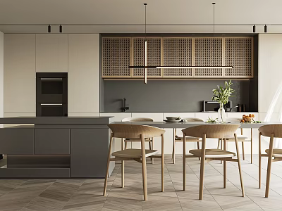 Modern Restaurant Open Kitchen Design With Island Counter Cabinets And Dining Chairs 3d model