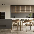 Modern Restaurant Open Kitchen Design With Island Counter Cabinets And Dining Chairs