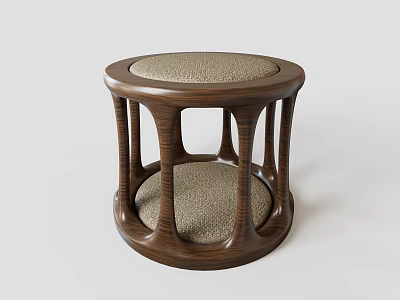 Round Wooden Frame Stool With Beige Padded Seat And Curved Legs Design 3d model