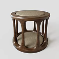 Round Wooden Frame Stool With Beige Padded Seat And Curved Legs Design