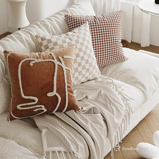Cozy Living Room With Patterned Throw Pillows And Knitted Blanket 3d model