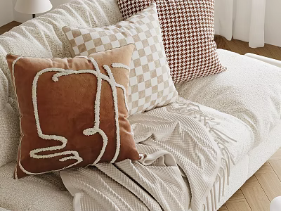Cozy Living Room With Patterned Throw Pillows And Knitted Blanket 3d model
