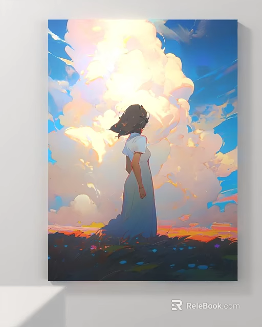 Girl In White Dress Standing On Grass Field With Colorful Clouds And Sunset Sky 3d model 