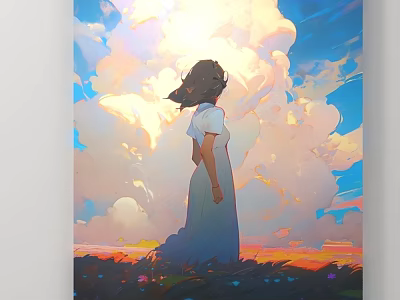 Girl In White Dress Standing On Grass Field With Colorful Clouds And Sunset Sky 3d model