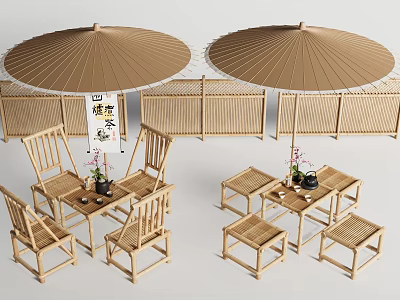 Bamboo Outdoor Table and Chair Set with Large Umbrellas Fence Tea Set and Flowers 3d model
