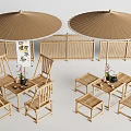 Bamboo Outdoor Table and Chair Set with Large Umbrellas Fence Tea Set and Flowers