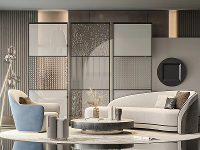 Elegant Modern Sofa Coffee Table Set With Upholstered Beige Sofa Round Table And Accent Chair 3d model