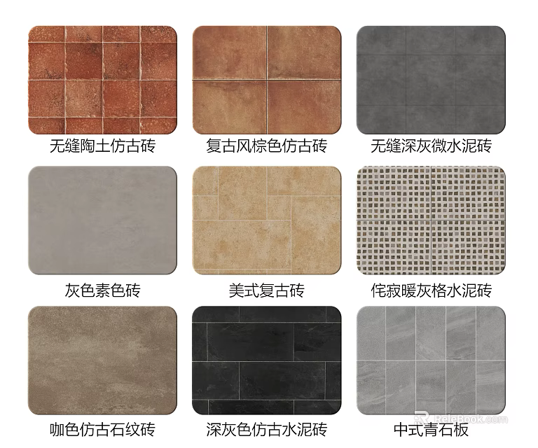 Diverse Floor Tiles Collection Featuring Formaldehyde-Free Anti-Slip Antique Vintage Grid Gray Plain and Cement Types 3d model 