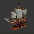 Decorative Wooden Sailboat Model with White Sails Red Hull Black Flag on Orange Base