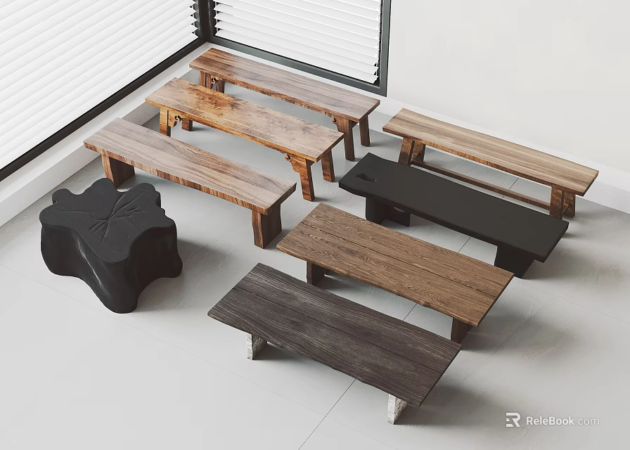 Multiple Wooden Stools With Sculptural Black And Natural Wood Designs In Bright Indoor Space 3d model 