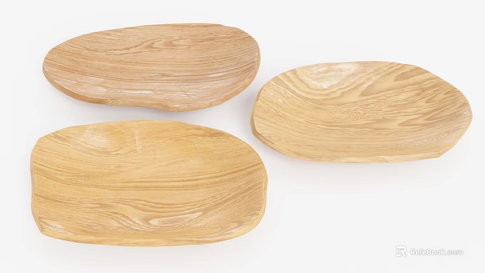 Wooden Tableware Set with Three Oval Plates and Natural Wood Grain Design 3d model 