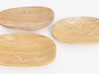 Wooden Tableware Set with Three Oval Plates and Natural Wood Grain Design 3d model