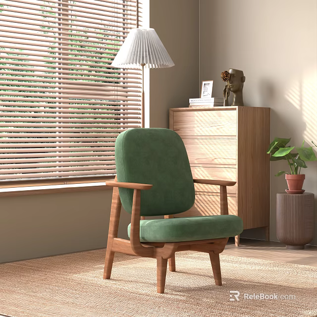 Green Single Sofa With Wooden Frame Near Window Blinds And Potted Plant In Cozy Room 3d model 