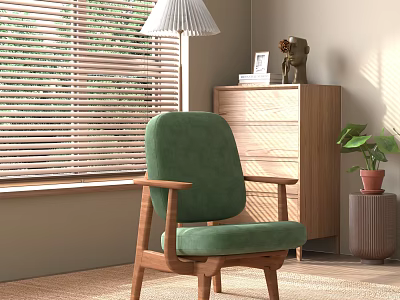 Green Single Sofa With Wooden Frame Near Window Blinds And Potted Plant In Cozy Room 3d model