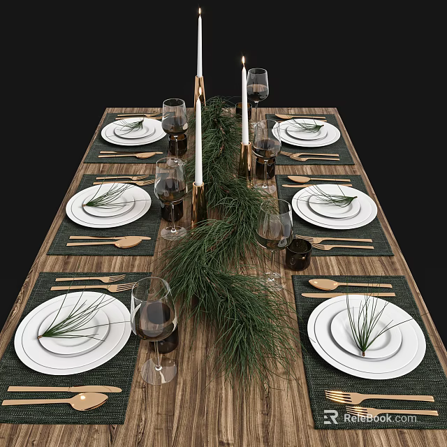 Elegant Dinnerware Set With White Plates Glassware Pine Decor On Wooden Table 3d model 