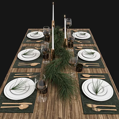 Elegant Dinnerware Set With White Plates Glassware Pine Decor On Wooden Table 3d model