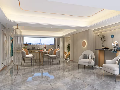 Elegant Modern Restaurant Interior With Dining Table Chairs Pendant Lights And City View 3d model