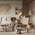 Cozy Living Room Interior With Wooden Beams Sofa Carpet And Woven Wall Art