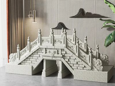 Traditional Chinese Stone Bridge with Carved Railings Stone Steps and Pavilion Like Roof Structures 3d model