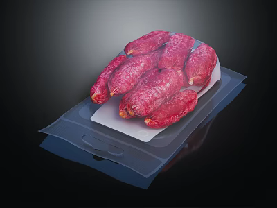 Fresh Red Sausages Packaged In Transparent Plastic Bag On Black Background 3d model