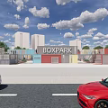 Colorful Container Buildings at BOXPARK Modern Commercial Retail Space with Trees and Open Sky