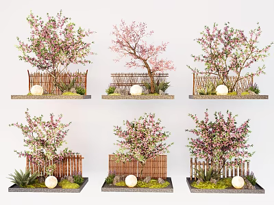 Various Styles Of Flowering Arbor Trees With Bamboo Fences Green Grass And Decorative Stones 3d model