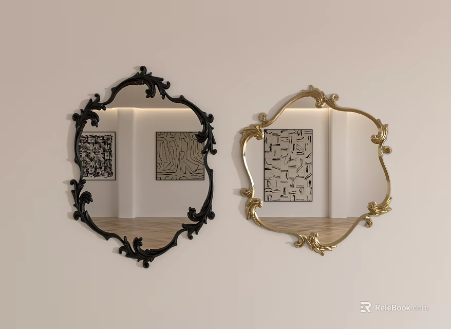 Decorative Mirrors With Black And Gold Ornate Frames Reflecting Artworks On White Wall 3d model 